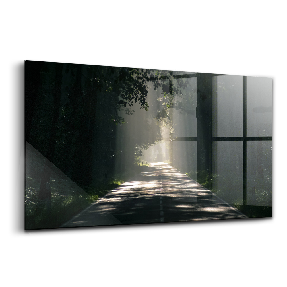 Egyedi üvegkép Erdei út és napcsíkok