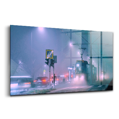 Üvegkép Varsó az éjszakai ködben