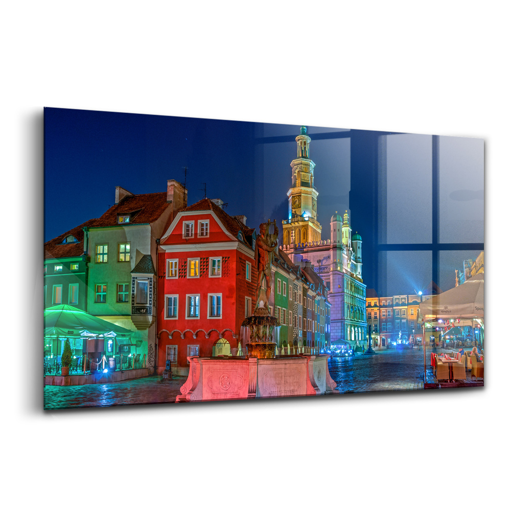 Egyedi üvegkép Poznan piactere éjszaka