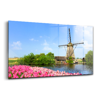 Üvegkép Holland szélmalom virágokkal