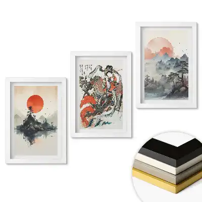 Keretezett japán tájkép szett vörös nappal
