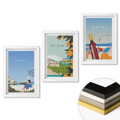 Olasz nyaralás témájú keretezett képszett Amalfi, Positano és Capri látképével
