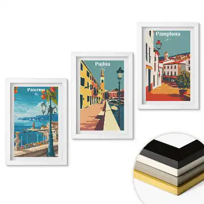 Keretezett kép szett európai városok színes grafikáival