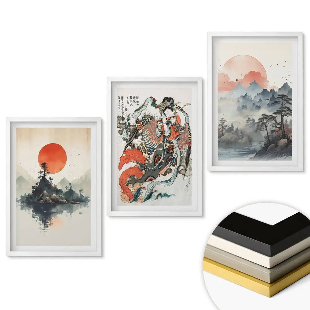 Keretezett kép szett Japán tájak vörös nappal