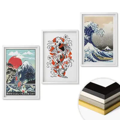 Japán művészeti triptichon keretezett vászonkép hullámok és pontyok mintával