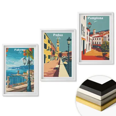 Keretezett kép szett európai városok színes grafikáival