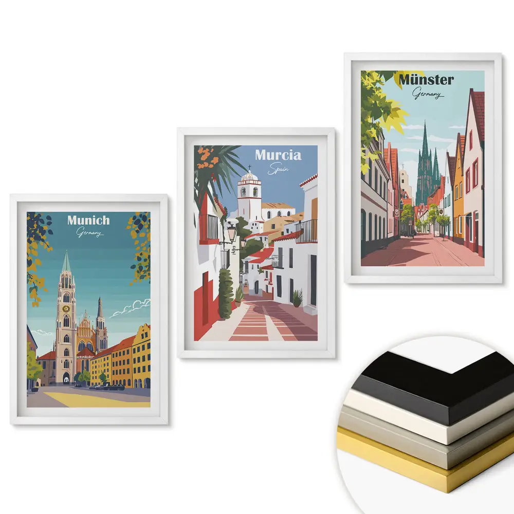 Keretezett Európai városok triptichon színes grafikával