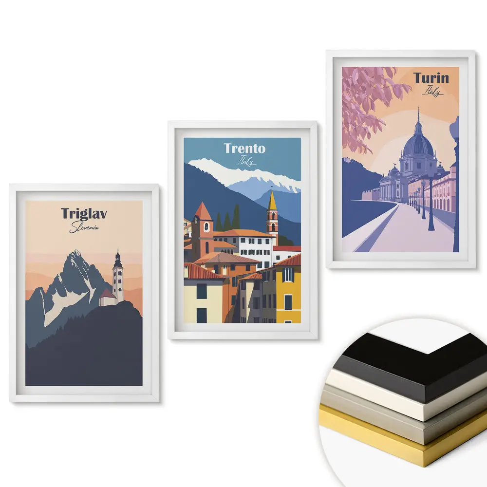 Keretezett triptichon Európa tájai: Triglav, Trento, Torino