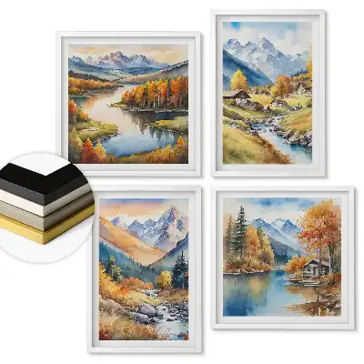 Őszi hegyi tájképek akvarell stílusú falikép összeállítás
