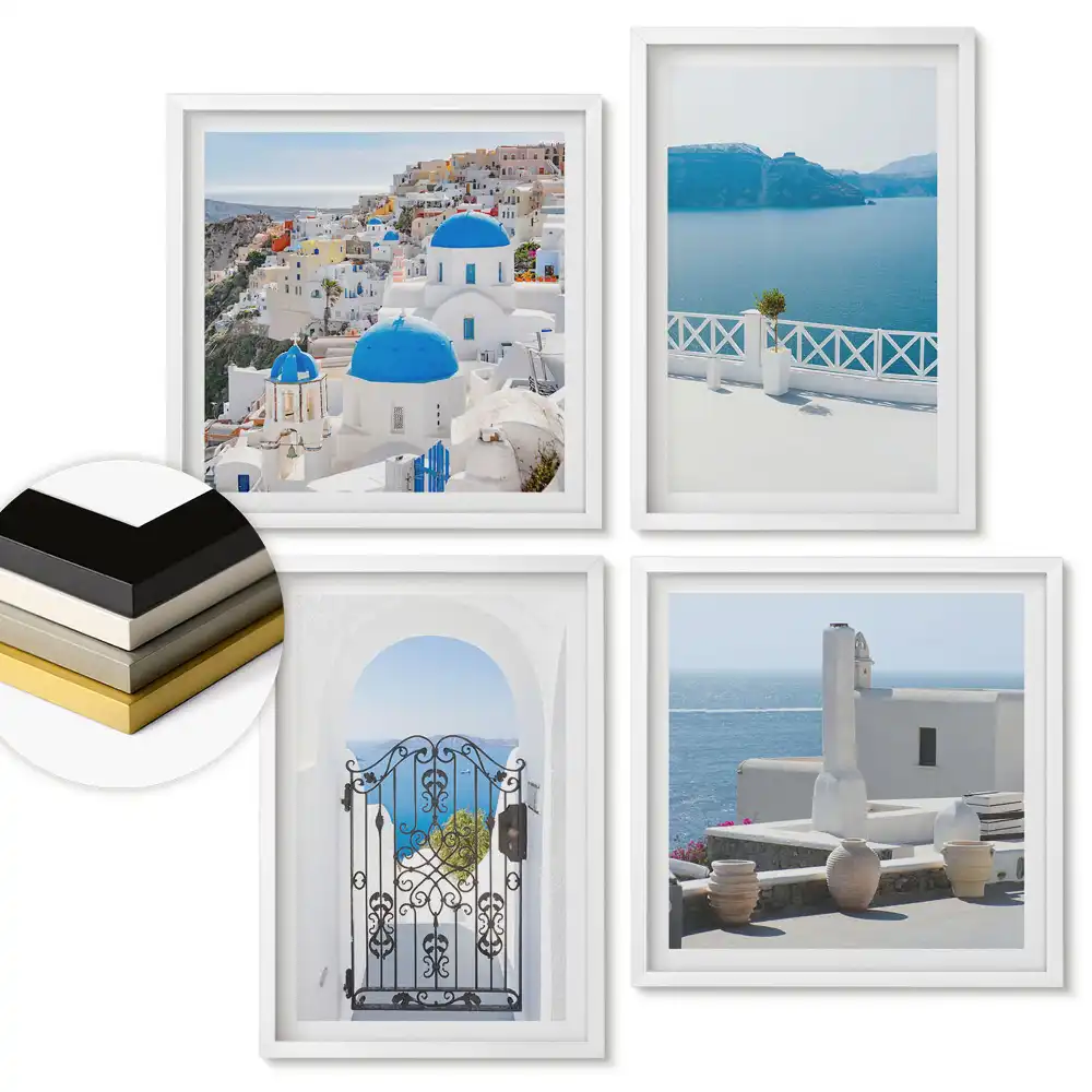 Fali kép összeállítás Santorini tájképei fehér keretekben