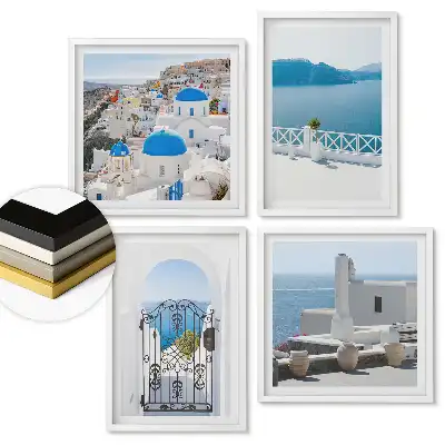 Fali kép összeállítás Santorini tájképei fehér keretekben