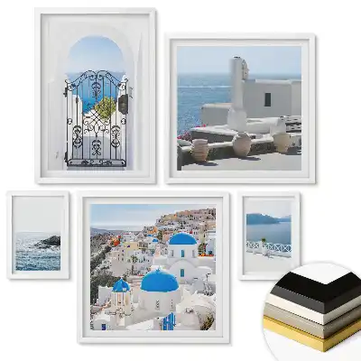 Többrészes keretezett kép Santorini tájképeivel, fehér keretben